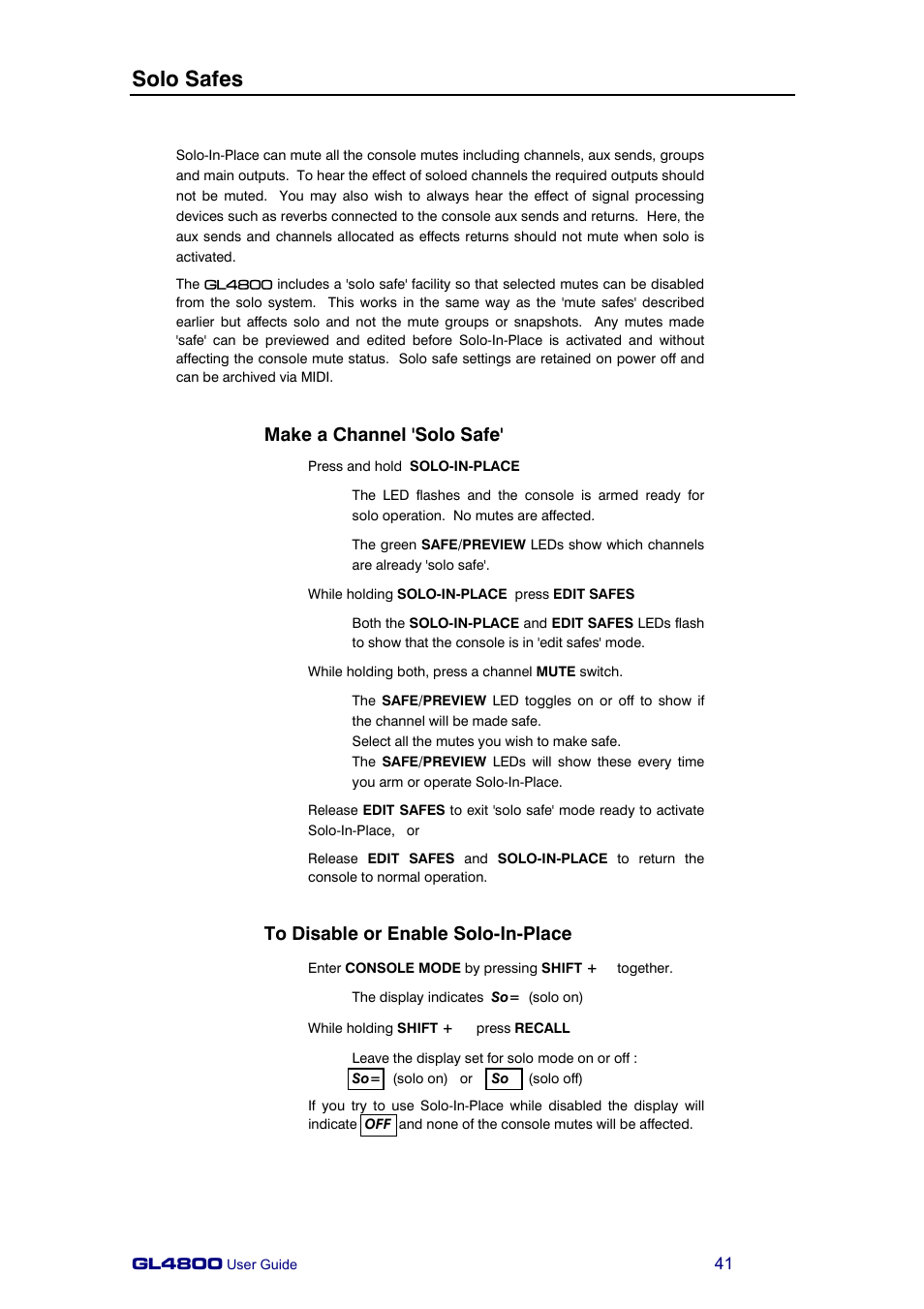 Solo safes, Make a channel 'solo safe | Allen&Heath GL4800 USER GUIDE User Manual | Page 41 / 62