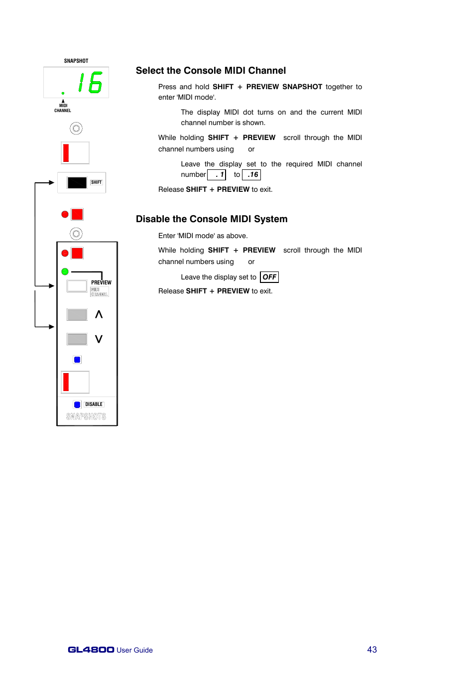 Select the console midi channel, Disable the console midi system | Allen&Heath GL4800 USER GUIDE User Manual | Page 43 / 62