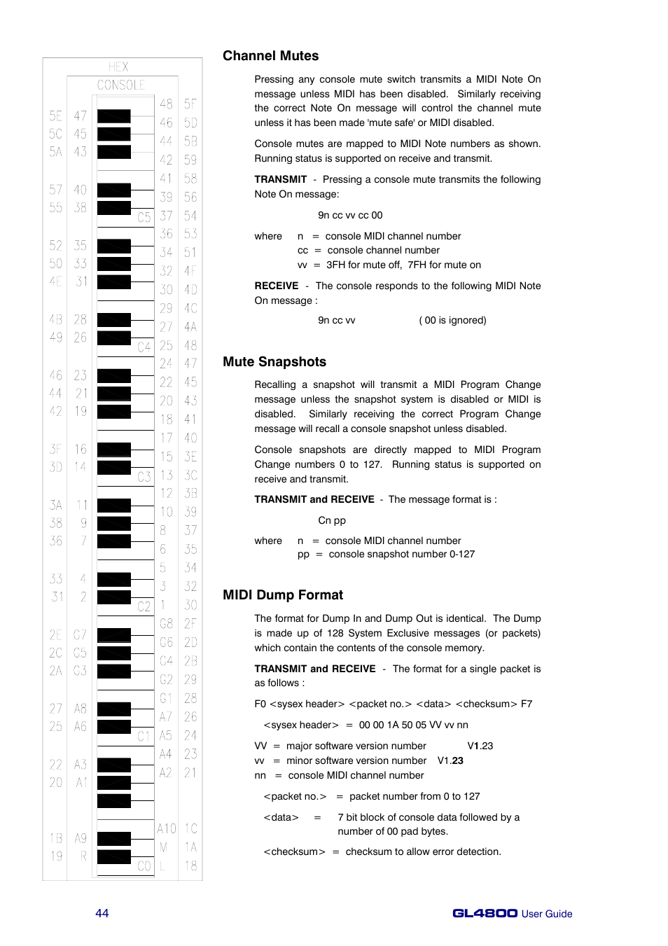 Channel mutes, Mute snapshots, Midi dump format | Allen&Heath GL4800 USER GUIDE User Manual | Page 44 / 62