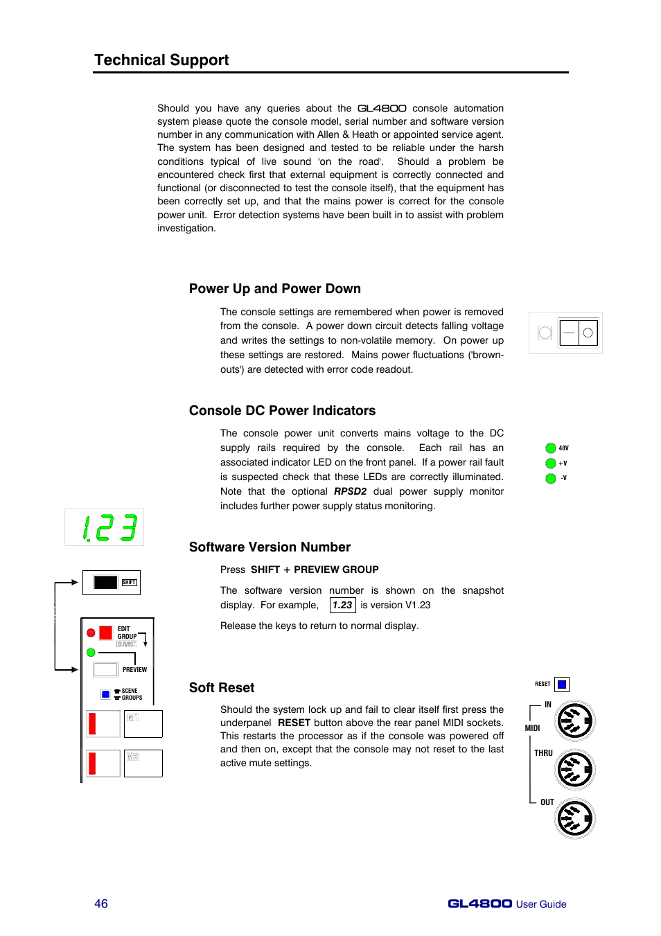 Technical support, Power up and power down, Console dc power indicators | Software version number, Soft reset, Gl4800 | Allen&Heath GL4800 USER GUIDE User Manual | Page 46 / 62