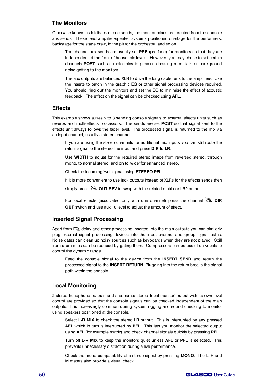 The monitors, Effects, Inserted signal processing | Local monitoring | Allen&Heath GL4800 USER GUIDE User Manual | Page 50 / 62