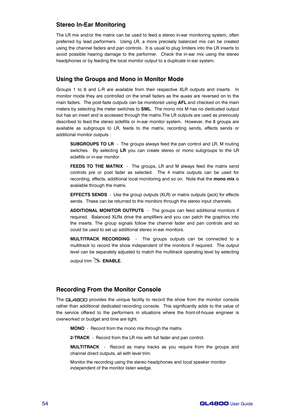 Stereo in-ear monitoring, Using the groups and mono in monitor mode, Recording from the monitor console | Allen&Heath GL4800 USER GUIDE User Manual | Page 54 / 62