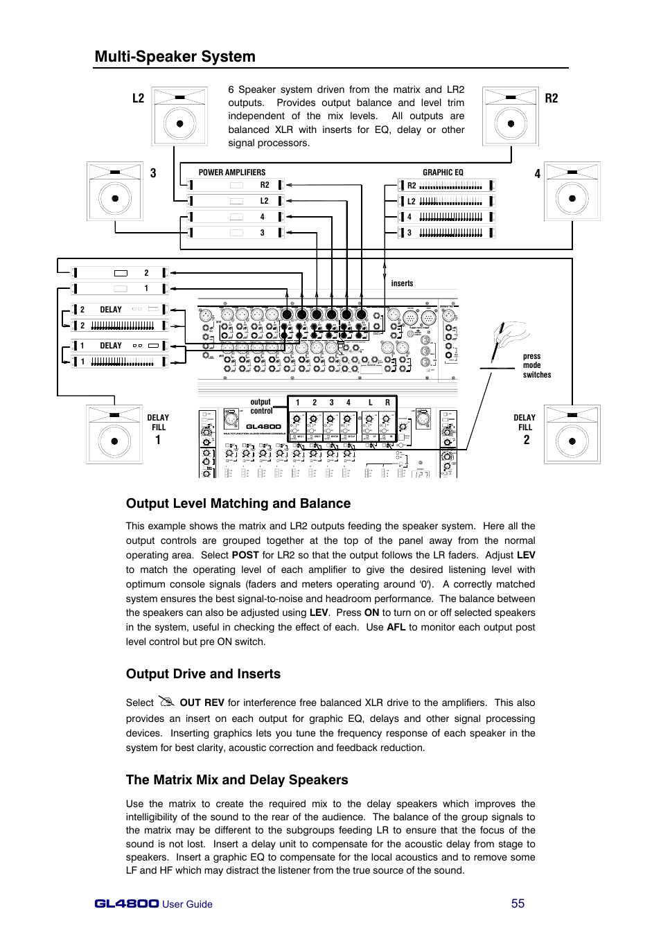 Multi-speaker system, Output level matching and balance, Output drive and inserts | The matrix mix and delay speakers, Gl4800, R2 3 4, User guide, Select, Out rev, Enable | Allen&Heath GL4800 USER GUIDE User Manual | Page 55 / 62