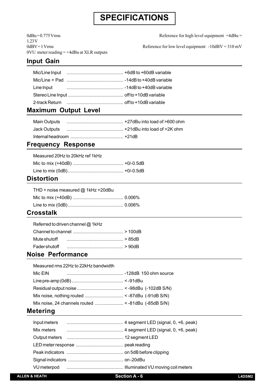 Specifications | Allen&Heath GL4000 SERVICE MANUAL User Manual | Page 11 / 111