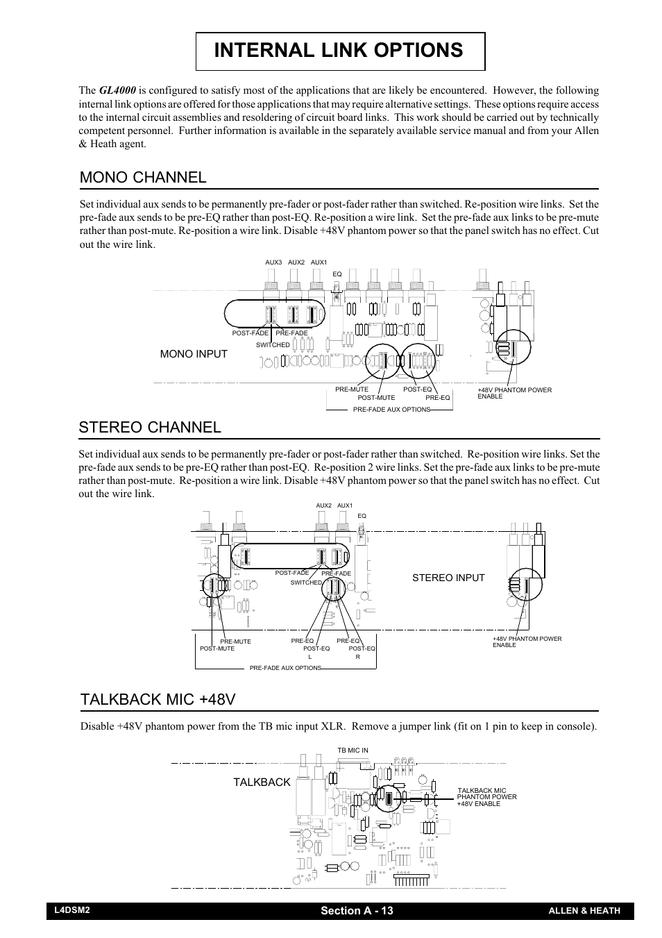 Internal link options, Mono channel, Stereo channel | Talkback mic +48v, Talkback | Allen&Heath GL4000 SERVICE MANUAL User Manual | Page 18 / 111