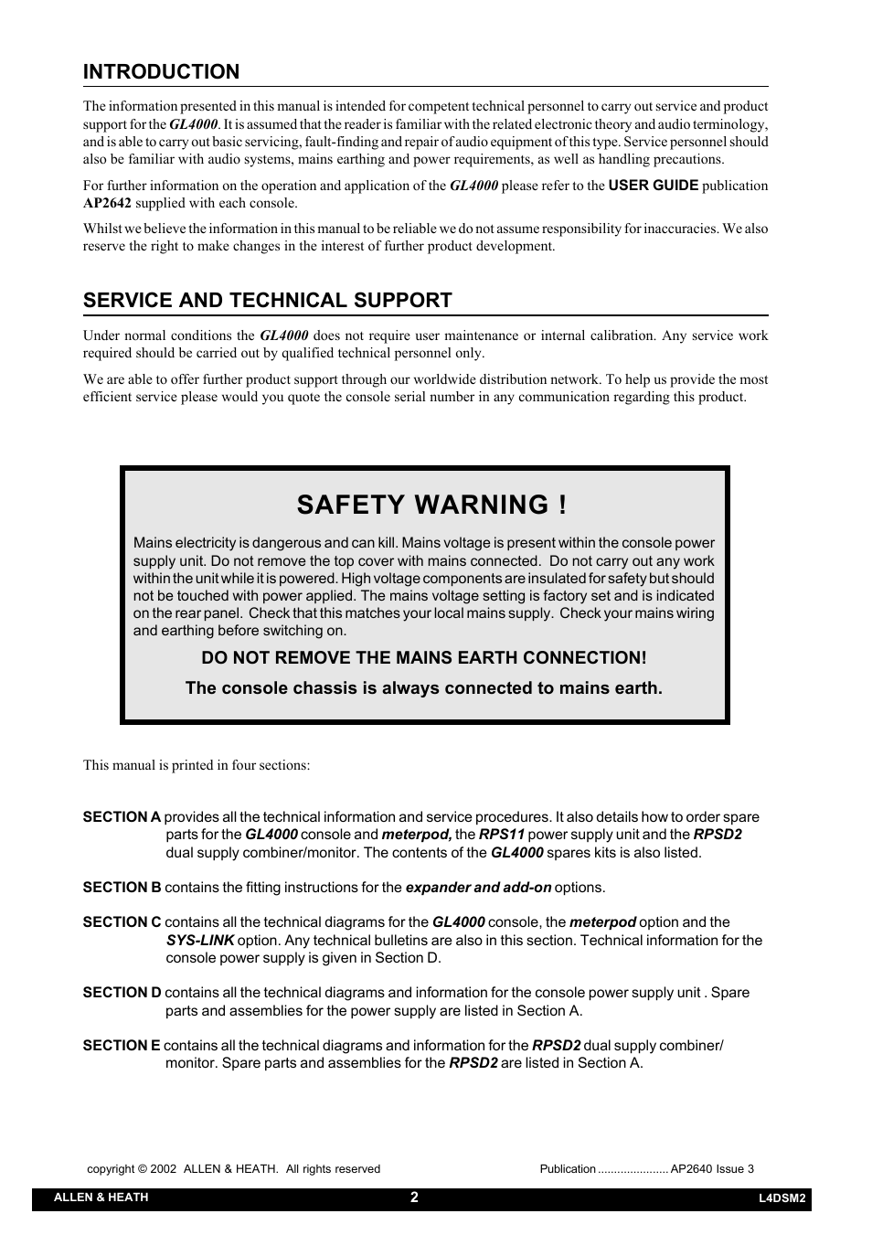 Safety warning, Introduction, Service and technical support | Allen&Heath GL4000 SERVICE MANUAL User Manual | Page 3 / 111