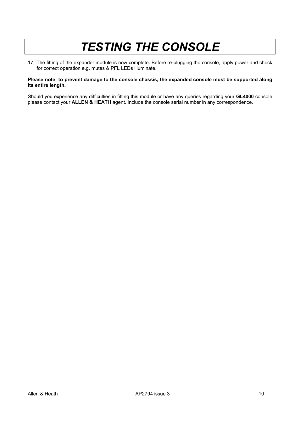 Testing the console | Allen&Heath GL4000 SERVICE MANUAL User Manual | Page 34 / 111