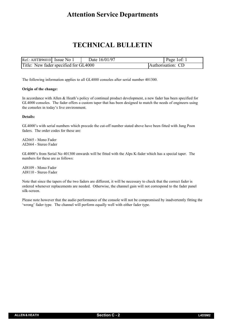Attention service departments technical bulletin | Allen&Heath GL4000 SERVICE MANUAL User Manual | Page 46 / 111
