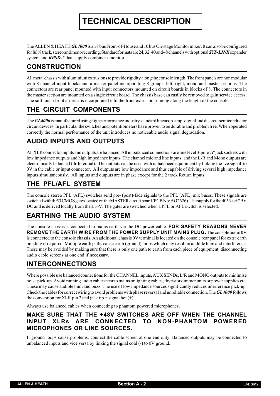 Technical description | Allen&Heath GL4000 SERVICE MANUAL User Manual | Page 7 / 111