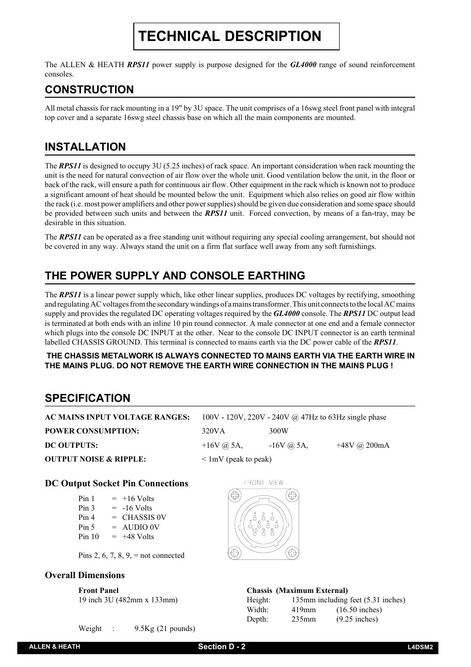 Technical description, Construction, Installation | The power supply and console earthing, Specification | Allen&Heath GL4000 SERVICE MANUAL User Manual | Page 98 / 111