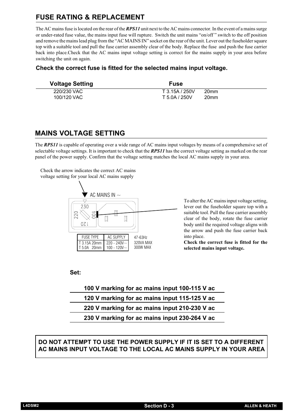 Fuse rating & replacement, Mains voltage setting | Allen&Heath GL4000 SERVICE MANUAL User Manual | Page 99 / 111