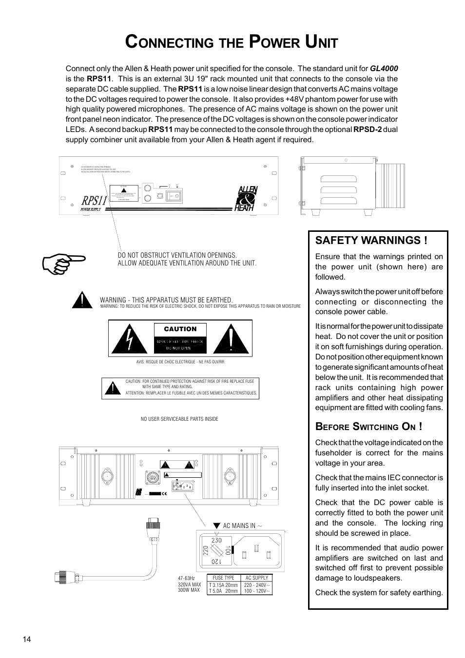 Onnecting, Ower, Safety warnings | Allen&Heath GL4000 USER GUIDE User Manual | Page 15 / 54