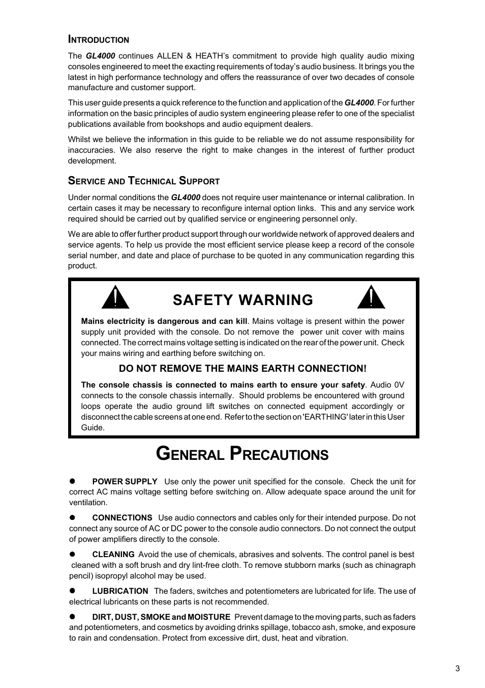 Safety warning, Eneral, Recautions | Allen&Heath GL4000 USER GUIDE User Manual | Page 4 / 54