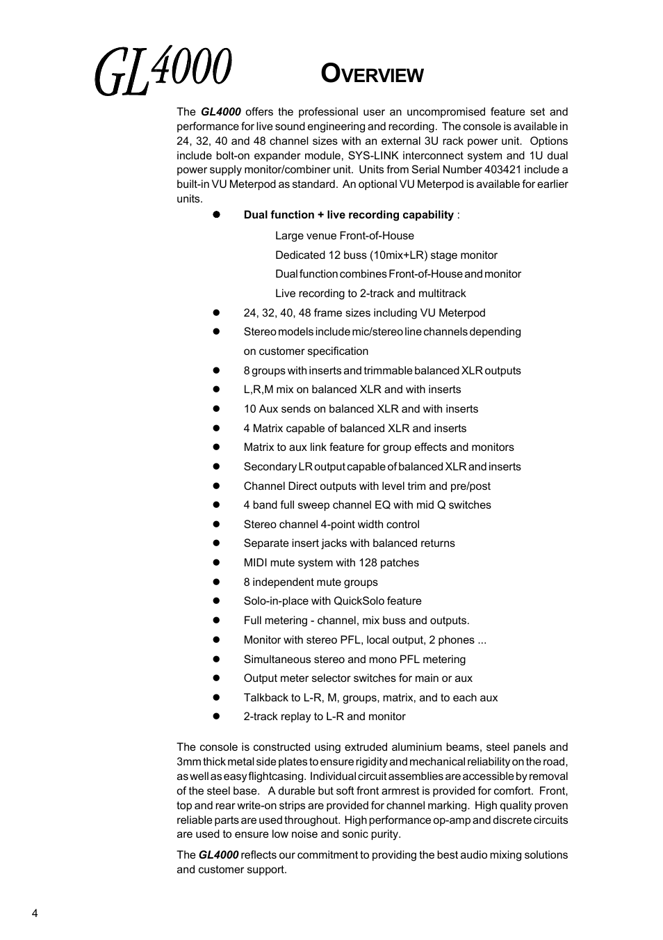 Verview | Allen&Heath GL4000 USER GUIDE User Manual | Page 5 / 54