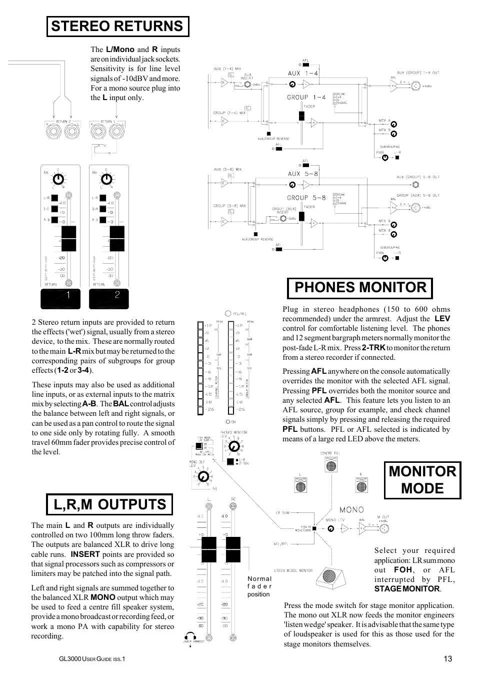 Stereo returns, Monitor mode, Phones monitor | L,r,m outputs | Allen&Heath GL3000 User Manual | Page 13 / 16