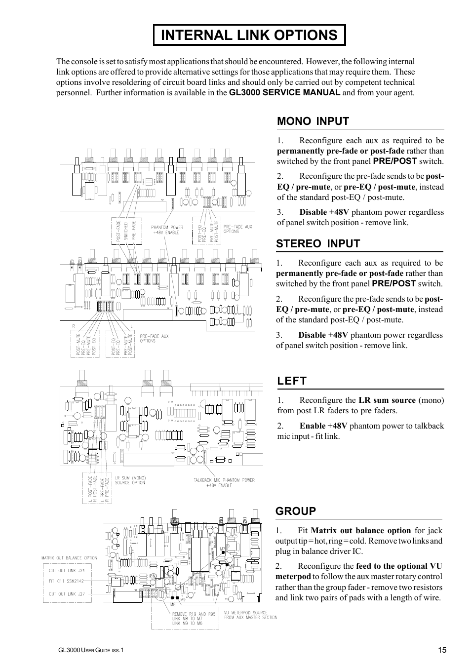 Internal link options, Mono input, Stereo input | Left, Group | Allen&Heath GL3000 User Manual | Page 15 / 16
