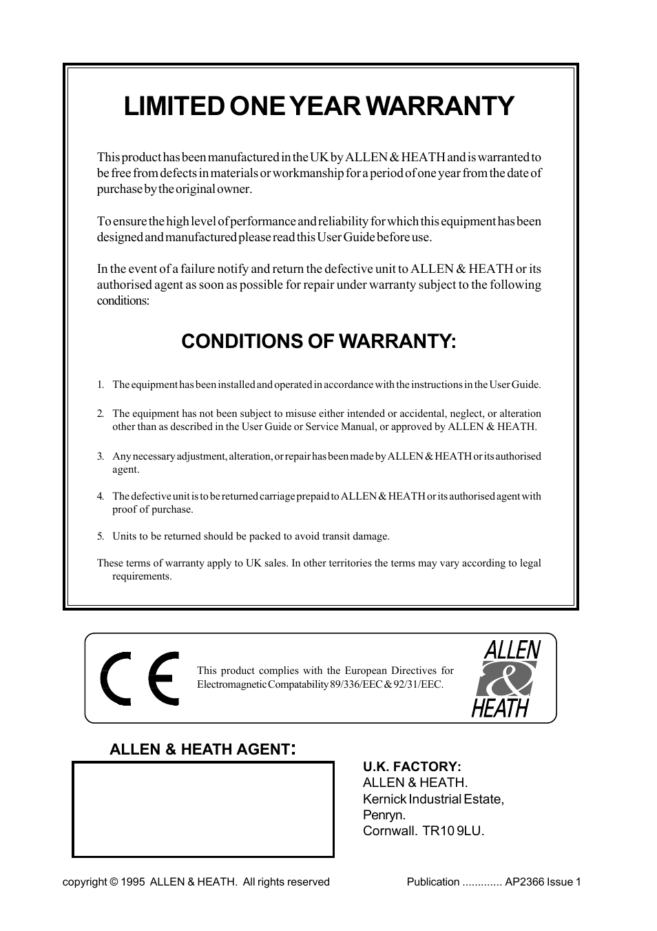 Limited one year warranty, Conditions of warranty | Allen&Heath GL3000 User Manual | Page 2 / 16
