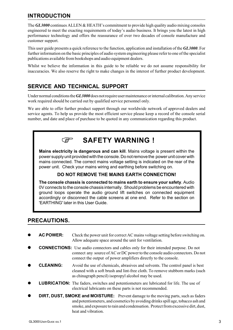 Safety warning, Precautions, Introduction | Service and technical support | Allen&Heath GL3000 User Manual | Page 3 / 16