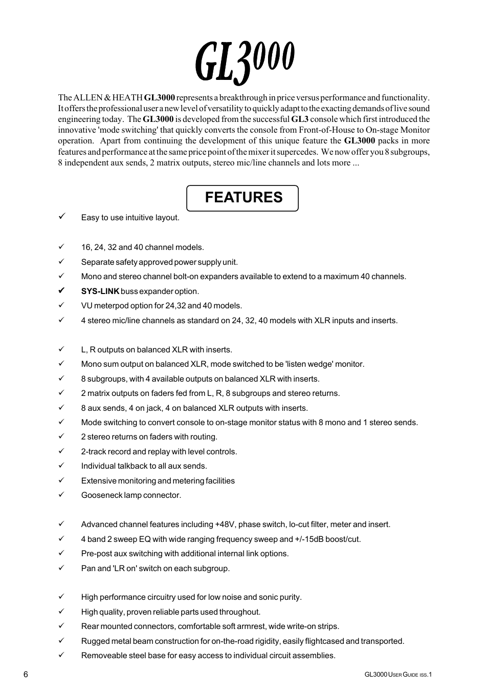 Features | Allen&Heath GL3000 User Manual | Page 6 / 16