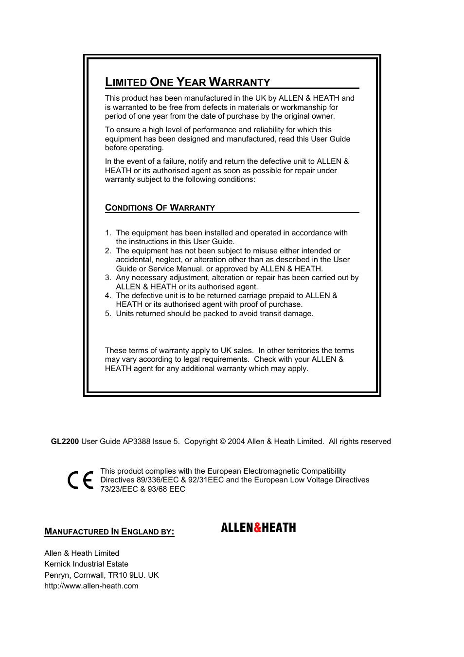 Allen & heath | Allen&Heath GL2200 USER GUIDE User Manual | Page 2 / 28