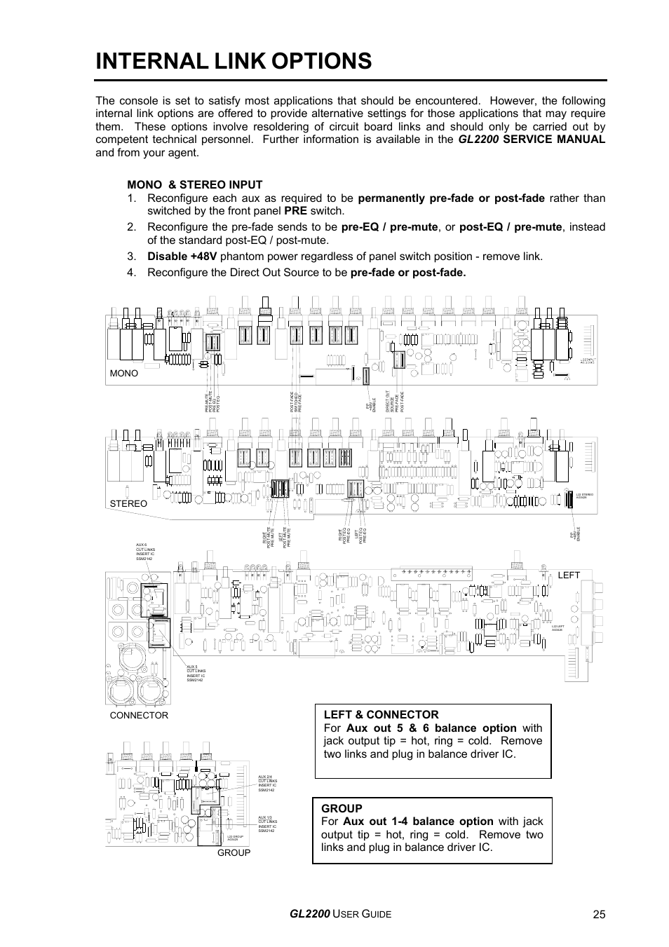 Internal, Link, Options | Gl2200, Uide, Connector, Group, Stereo, Left, Mono | Allen&Heath GL2200 USER GUIDE User Manual | Page 25 / 28