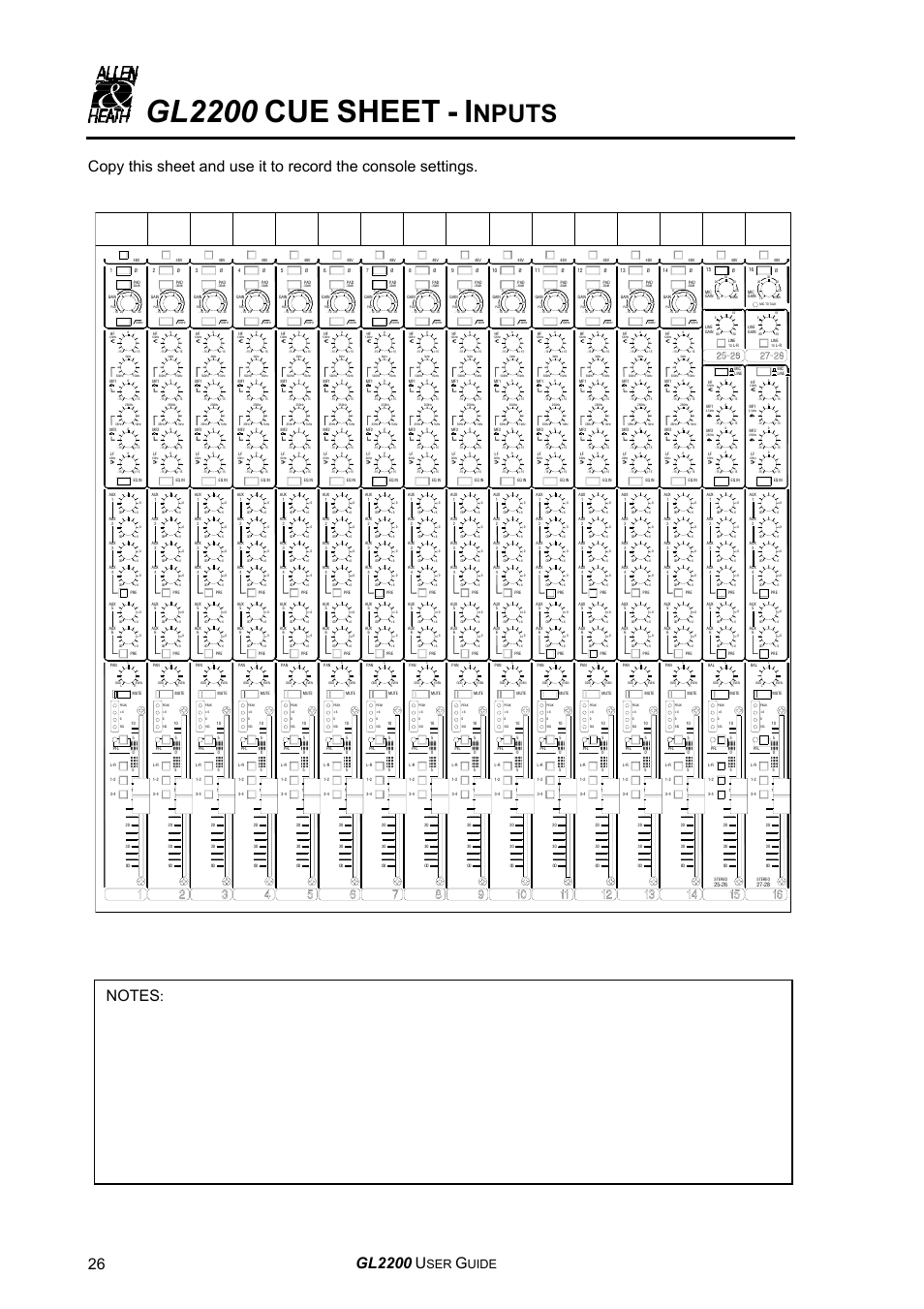 Sheet, Nputs, Gl2200 | Uide | Allen&Heath GL2200 USER GUIDE User Manual | Page 26 / 28