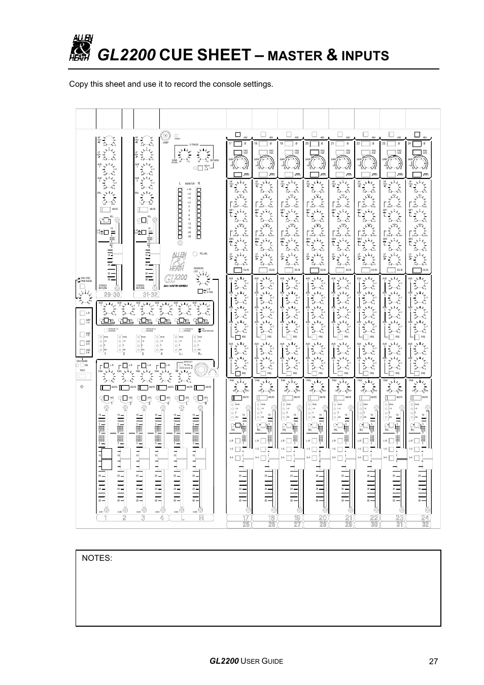 Sheet, Master, Inputs | Gl2200, Uide | Allen&Heath GL2200 USER GUIDE User Manual | Page 27 / 28