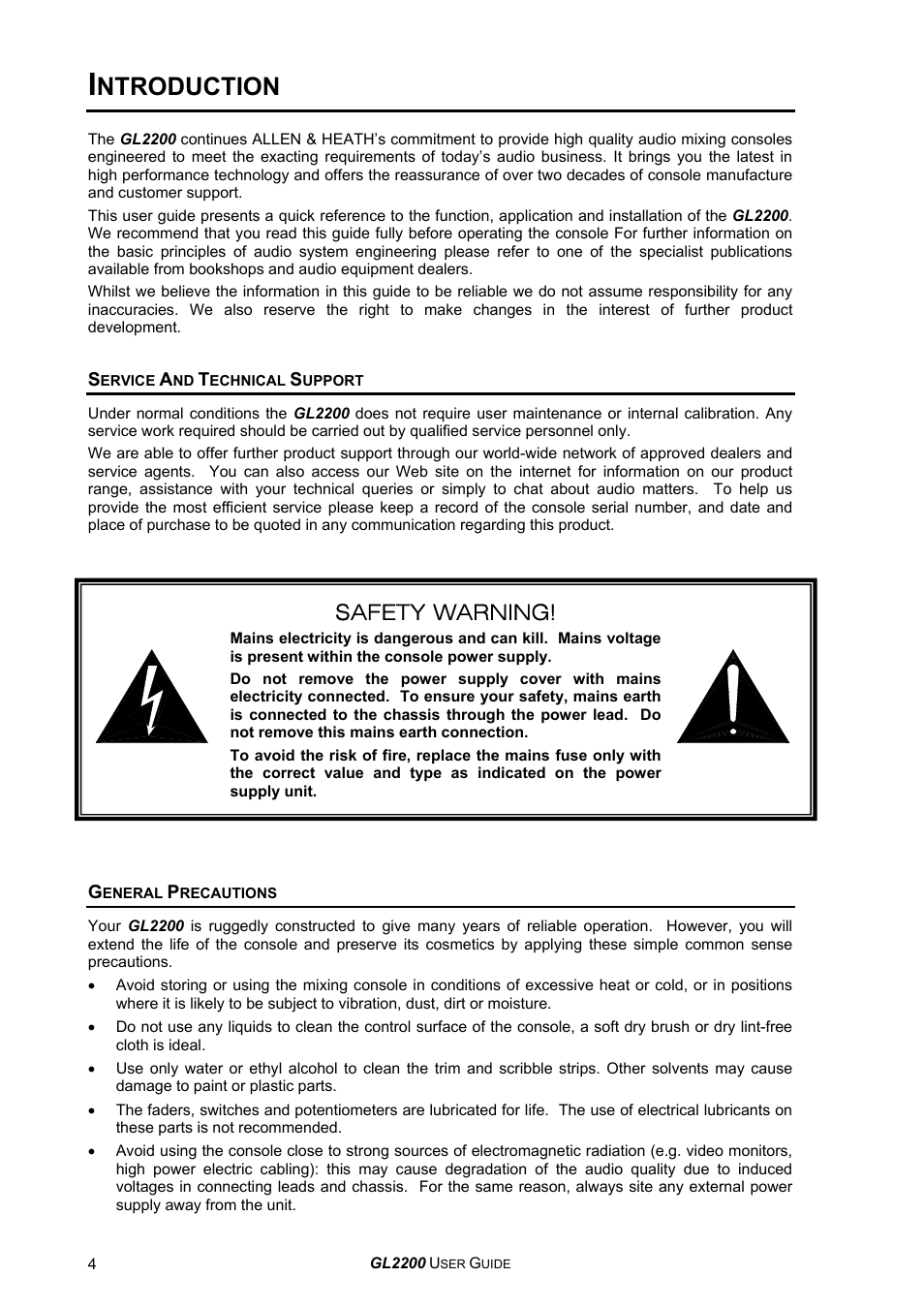 Ntroduction, Safety warning | Allen&Heath GL2200 USER GUIDE User Manual | Page 4 / 28