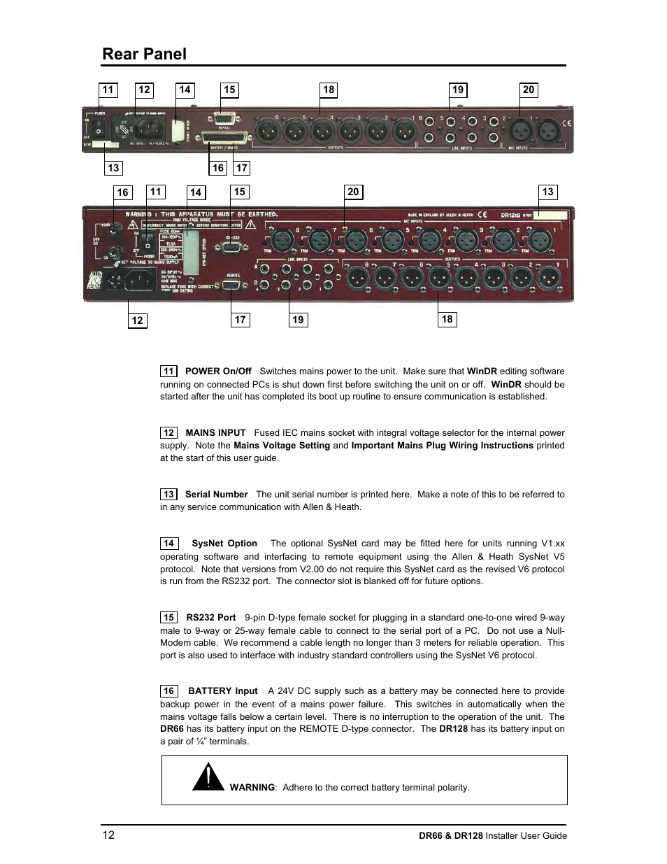 Rear panel | Allen&Heath DR66 USER GUIDE User Manual | Page 12 / 44