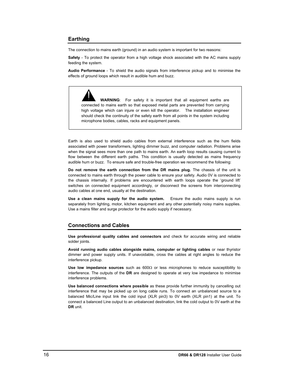 Earthing, Connections and cables | Allen&Heath DR66 USER GUIDE User Manual | Page 16 / 44