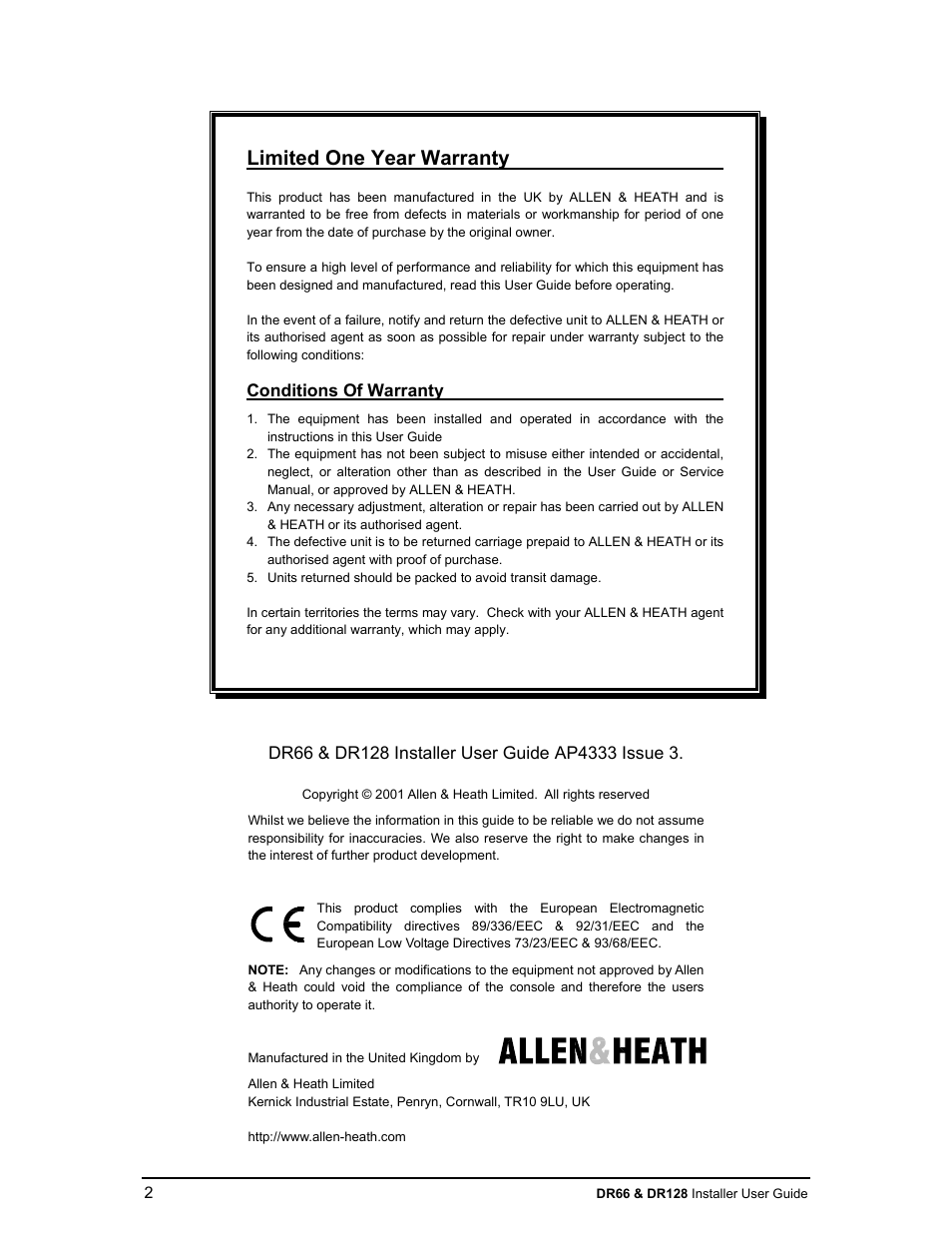 Limited one year warranty | Allen&Heath DR66 USER GUIDE User Manual | Page 2 / 44