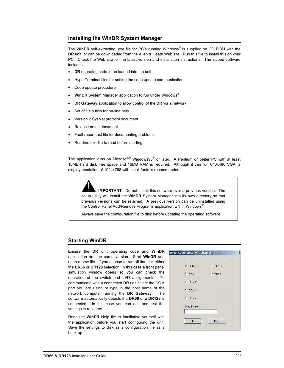 Installing the windr system manager, Starting windr | Allen&Heath DR66 USER GUIDE User Manual | Page 27 / 44