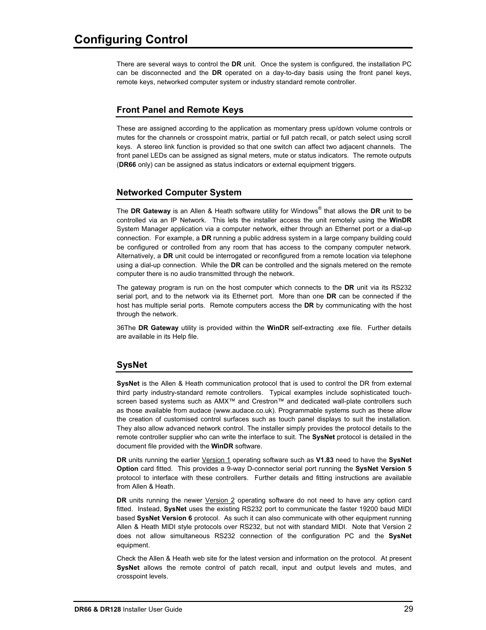 Configuring control | Allen&Heath DR66 USER GUIDE User Manual | Page 29 / 44