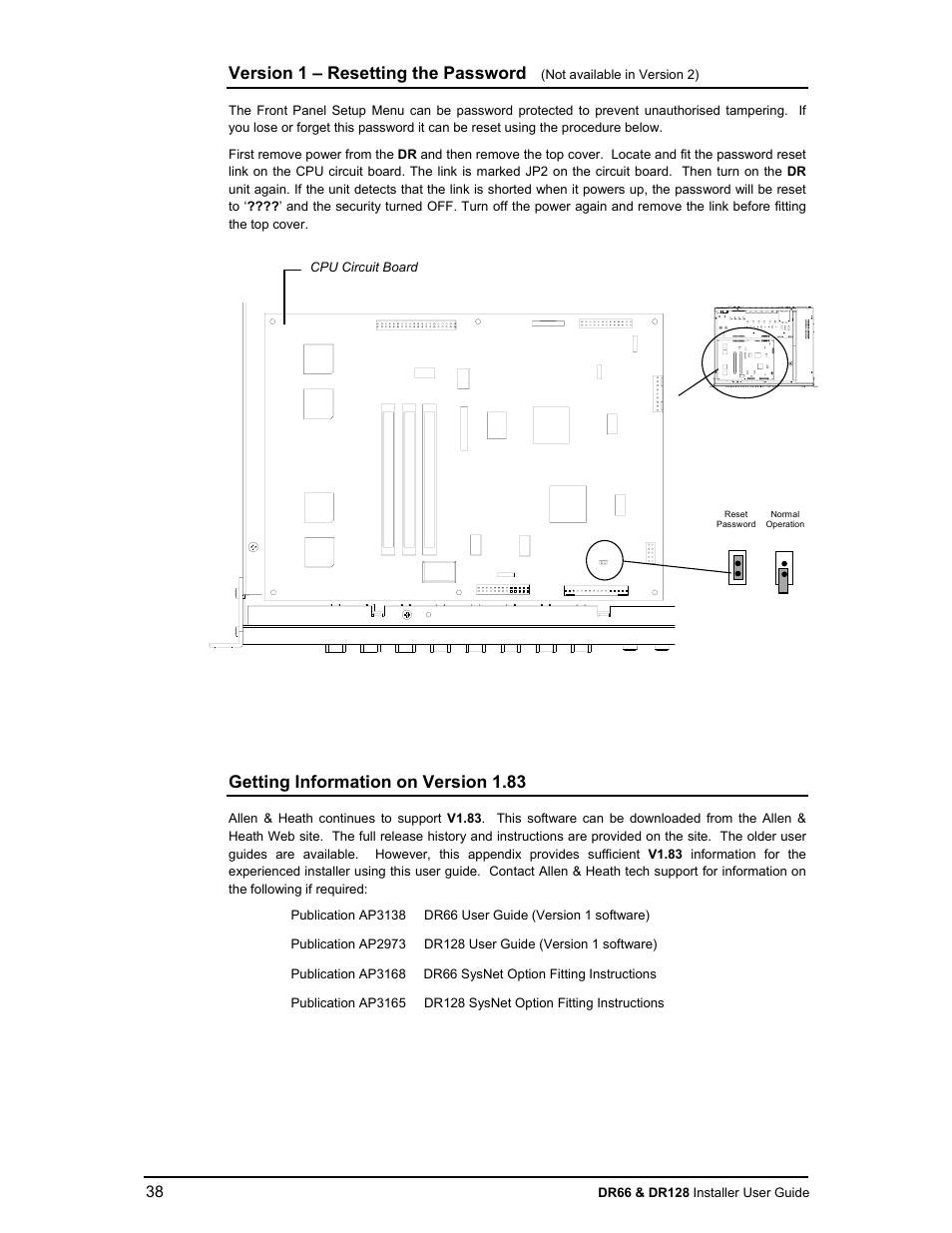 Version 1 – resetting the password, Getting information on version 1.83 | Allen&Heath DR66 USER GUIDE User Manual | Page 38 / 44