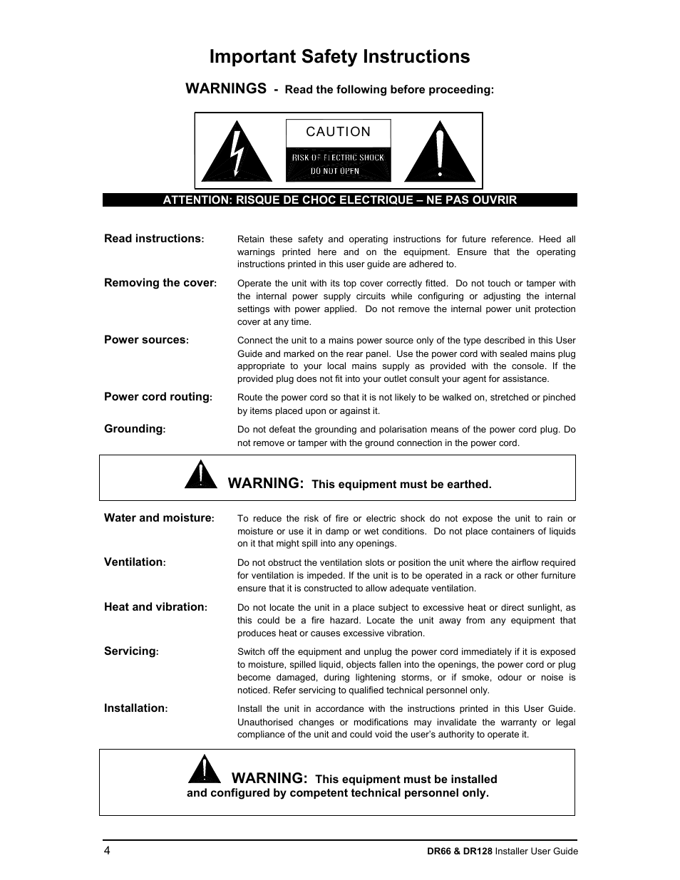 Important safety instructions, Warnings, Warning | Allen&Heath DR66 USER GUIDE User Manual | Page 4 / 44