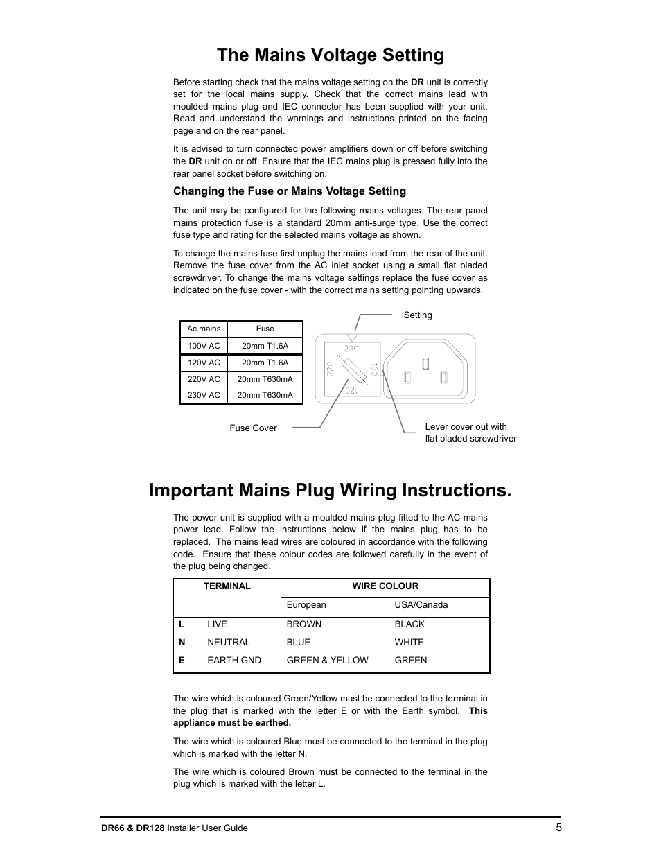 The mains voltage setting, Important mains plug wiring instructions | Allen&Heath DR66 USER GUIDE User Manual | Page 5 / 44