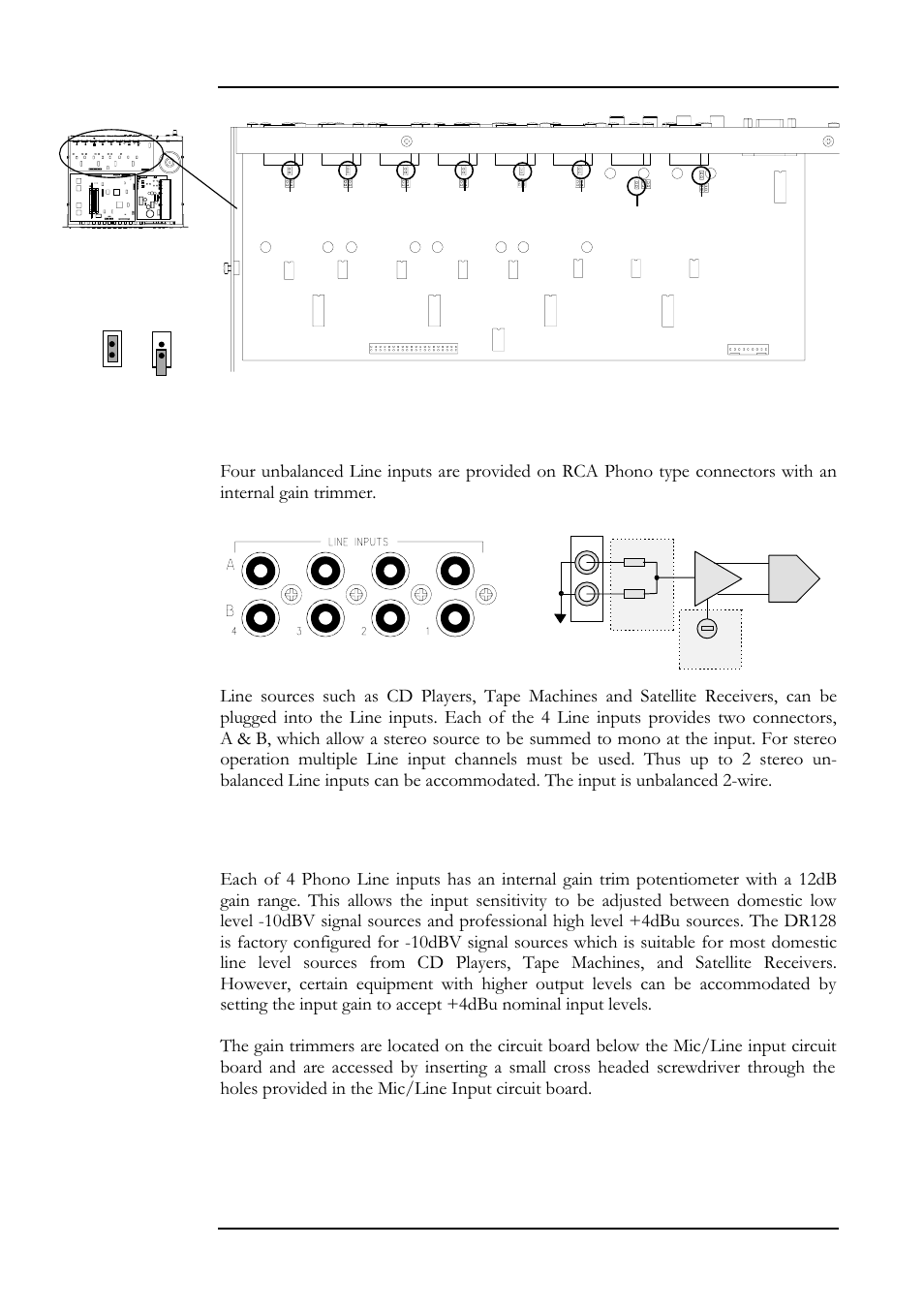 Hardware configuration 29, Line inputs, Setting line input gain | Dr128 u | Allen&Heath DR128 SERVICE MANUAL User Manual | Page 36 / 114