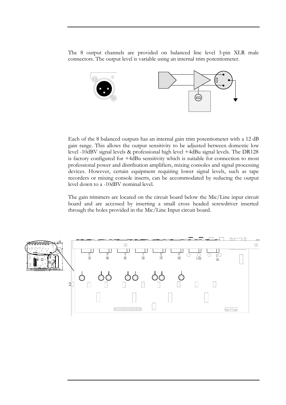 Hardware configuration 31, Balanced outputs, Setting output gain | Dr128 u | Allen&Heath DR128 SERVICE MANUAL User Manual | Page 38 / 114