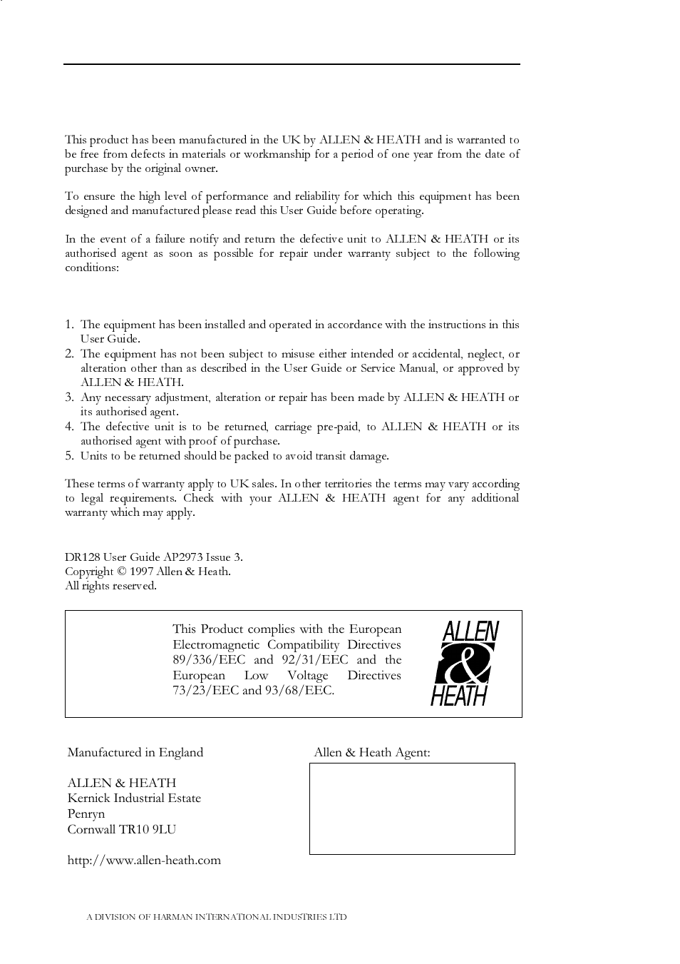 Limited one year warranty, Conditions of warranty | Allen&Heath DR128 USER GUIDE User Manual | Page 2 / 64