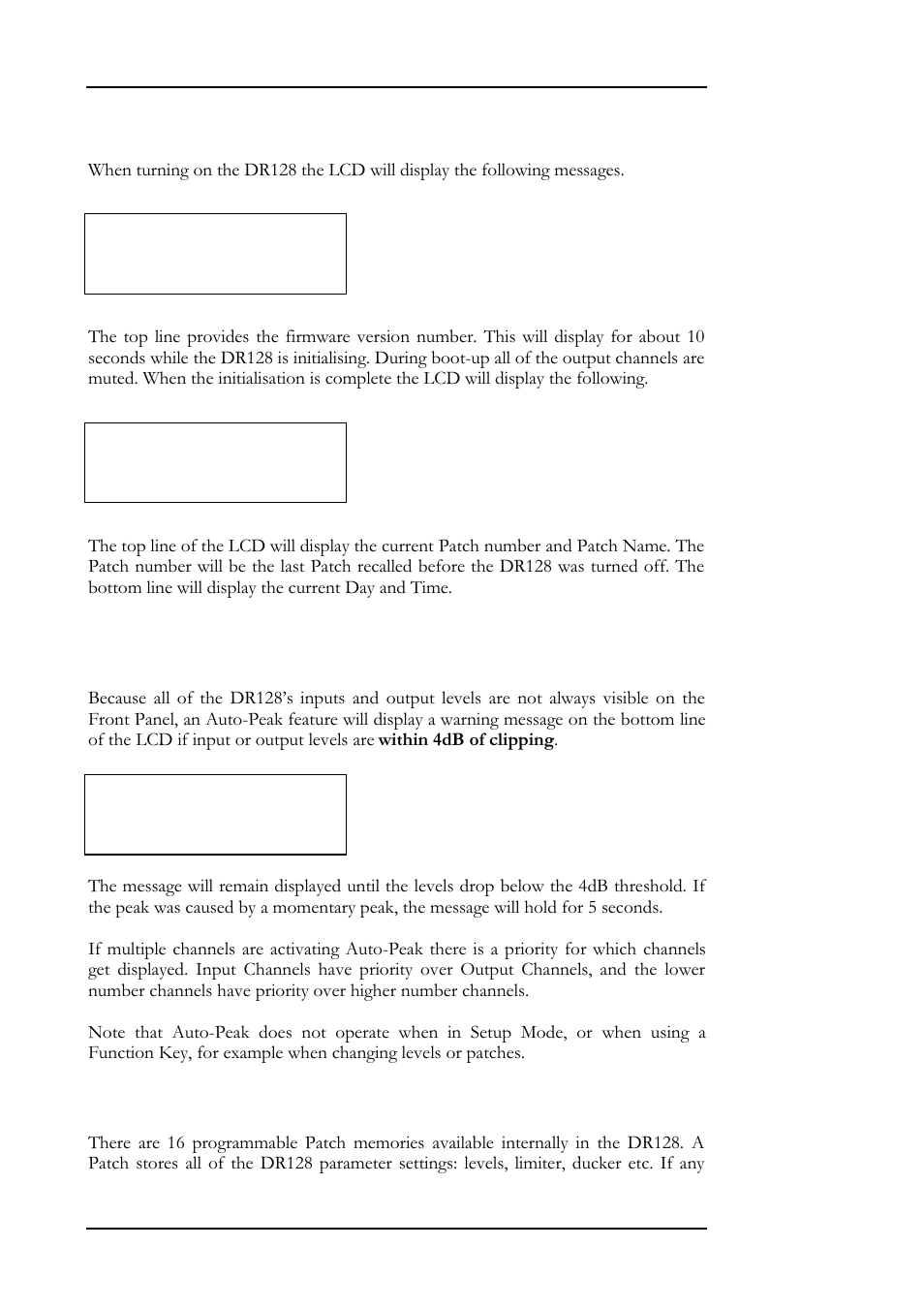 Front panel display, Auto-peak, Patches | Allen&Heath DR128 USER GUIDE User Manual | Page 22 / 64