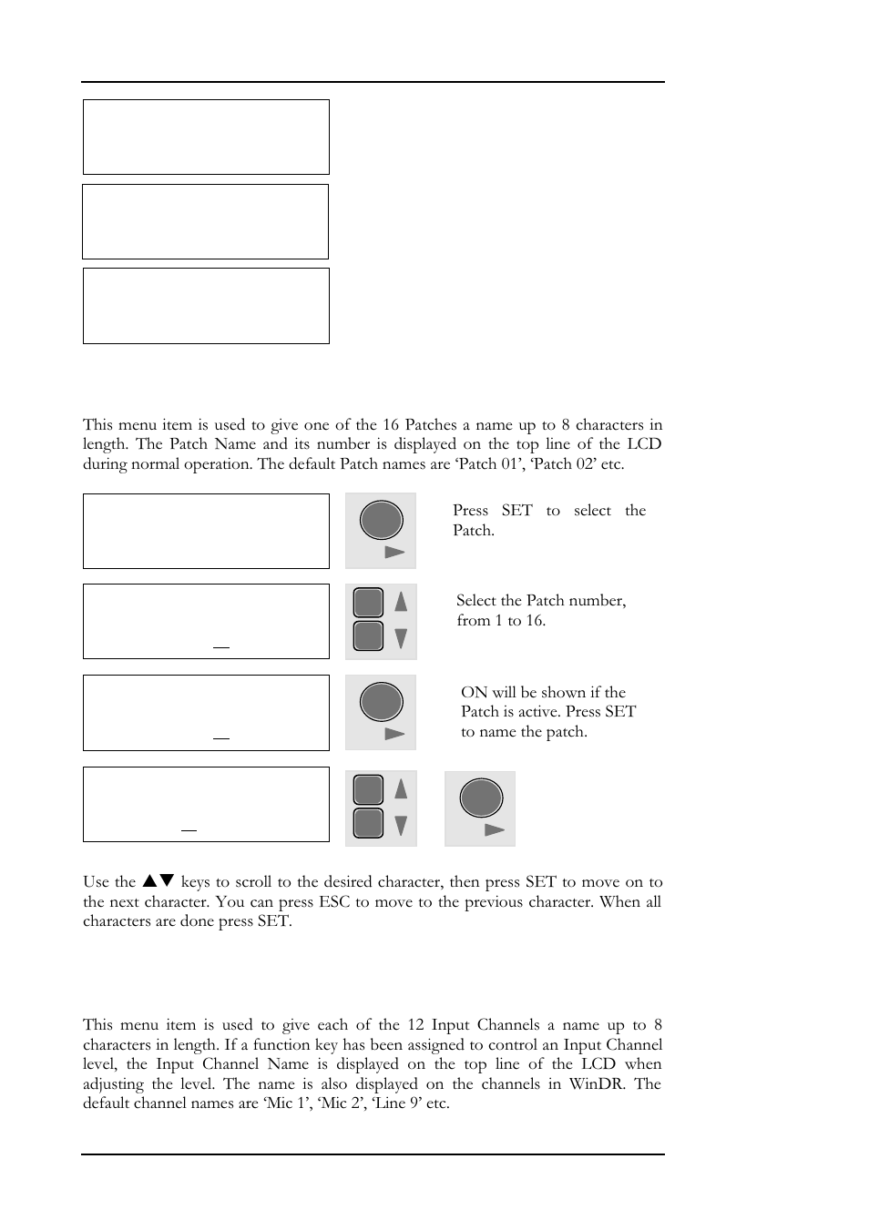 38 setup menu, 3 - name patch, 4 - name input channel | 3 name patch 2 name: “patch 02 | Allen&Heath DR128 USER GUIDE User Manual | Page 42 / 64