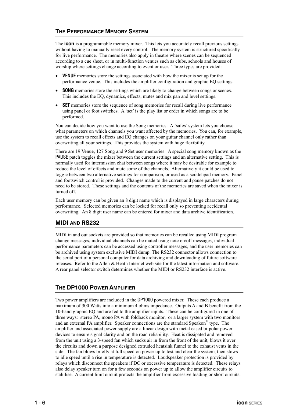 The performance memory system, Midi and rs232, The dp1000 power amplifier | Midi, Rs232, Dp1000 p | Allen&Heath DP 1000 USER GUIDE User Manual | Page 14 / 67