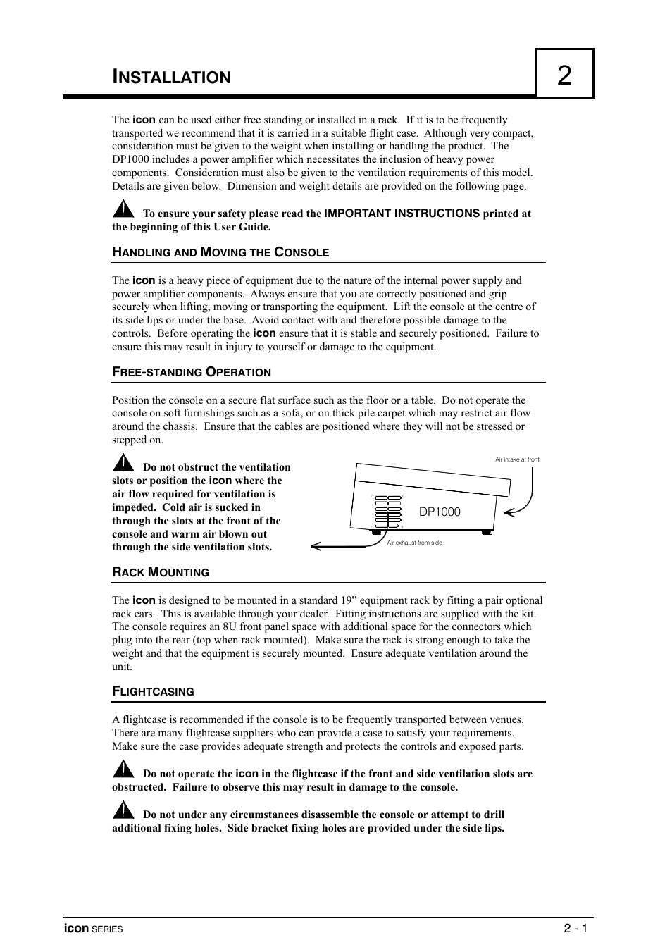 Installation, Handling and moving the console, Free-standing operation | Rack mounting, Flightcasing, Nstallation | Allen&Heath DP 1000 USER GUIDE User Manual | Page 15 / 67