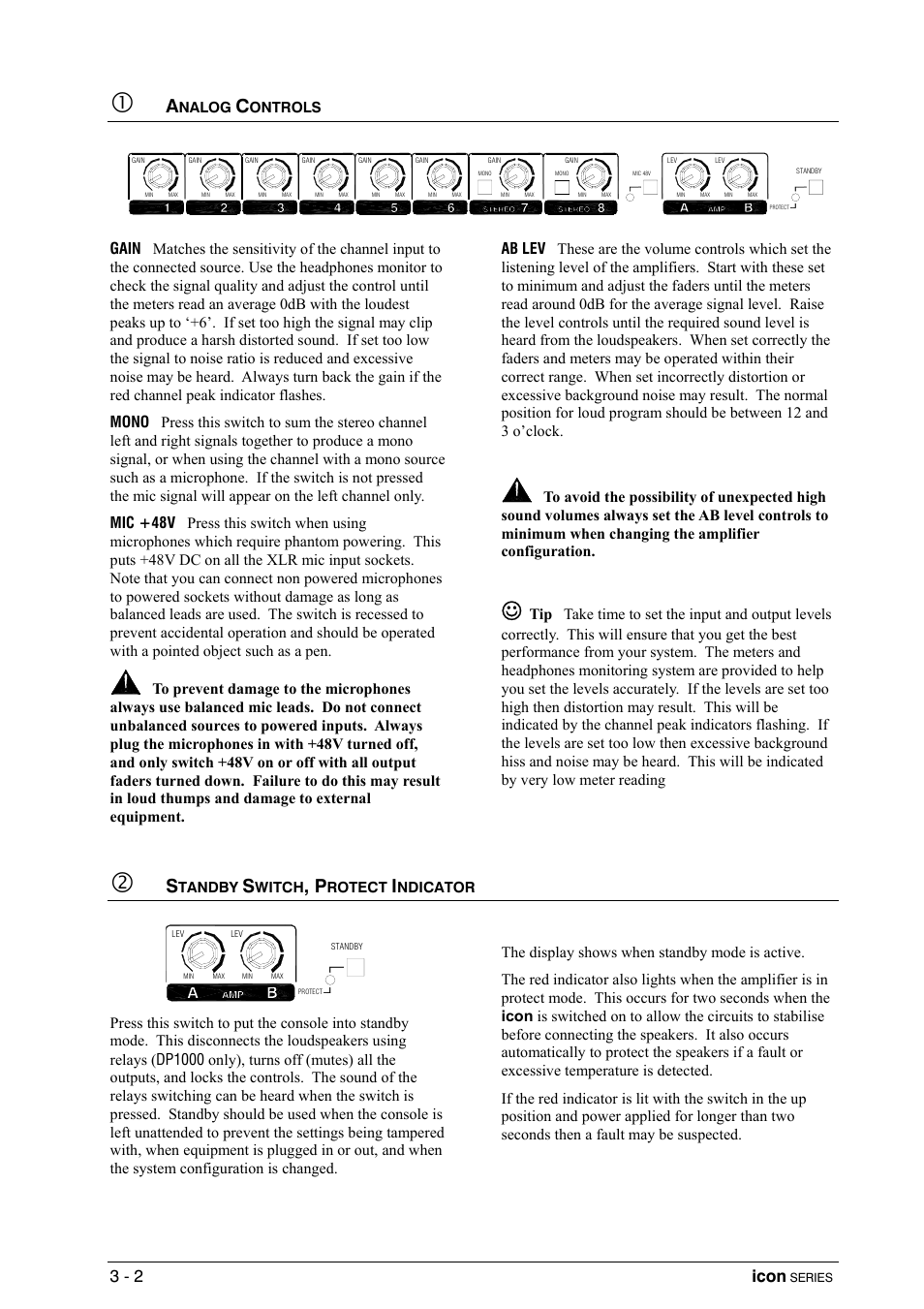 Analog controls, Standby switch, protect indicator, Icon | Allen&Heath DP 1000 USER GUIDE User Manual | Page 18 / 67