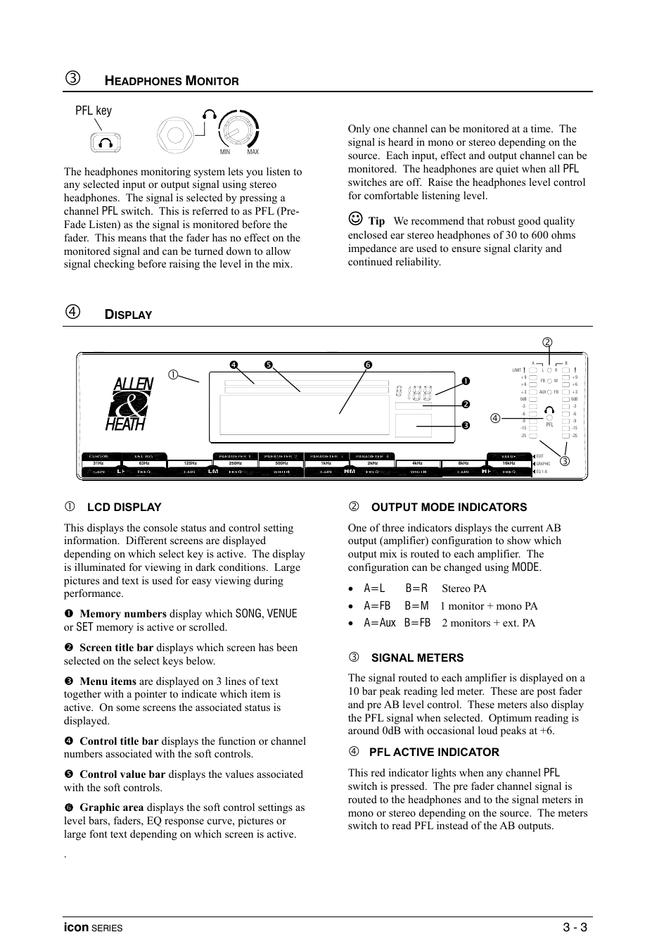 Headphones monitor, Display, Pfl key | Icon | Allen&Heath DP 1000 USER GUIDE User Manual | Page 19 / 67