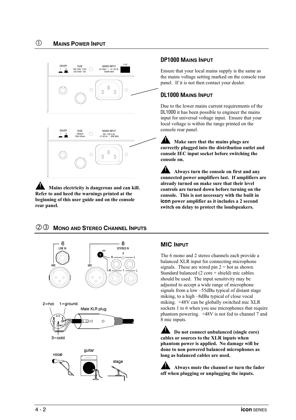 Mains power input, Dp1000 mains input, Dl1000 mains input | Mono and stereo channel inputs, Mic input, Dp1000, Dl1000, Mic i | Allen&Heath DP 1000 USER GUIDE User Manual | Page 24 / 67