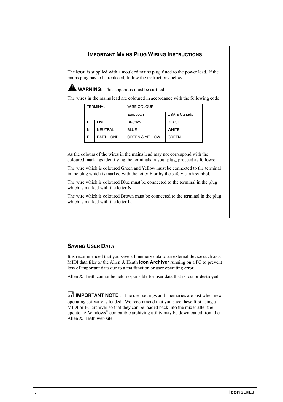 Important mains plug wiring instructions, Saving user data | Allen&Heath DP 1000 USER GUIDE User Manual | Page 4 / 67