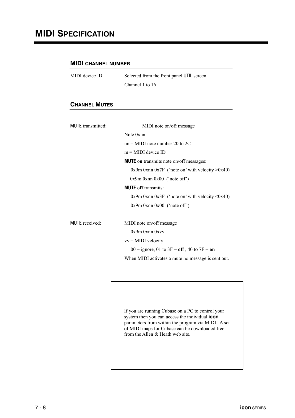 Midi specification, Midi channel number, Channel mutes | Midi s, Pecification | Allen&Heath DP 1000 USER GUIDE User Manual | Page 52 / 67