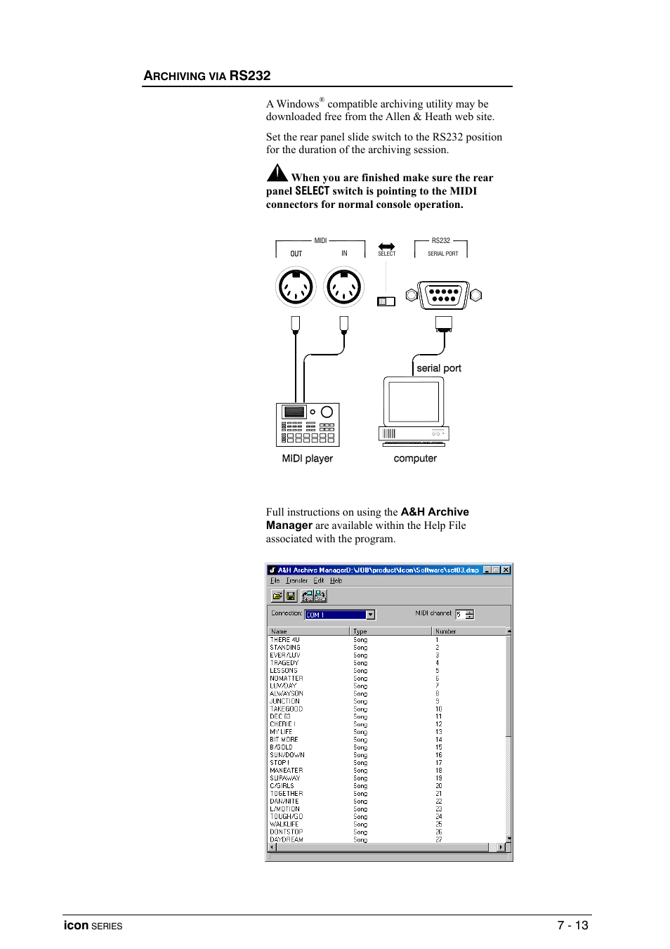 Archiving via rs232, Rs232 | Allen&Heath DP 1000 USER GUIDE User Manual | Page 57 / 67