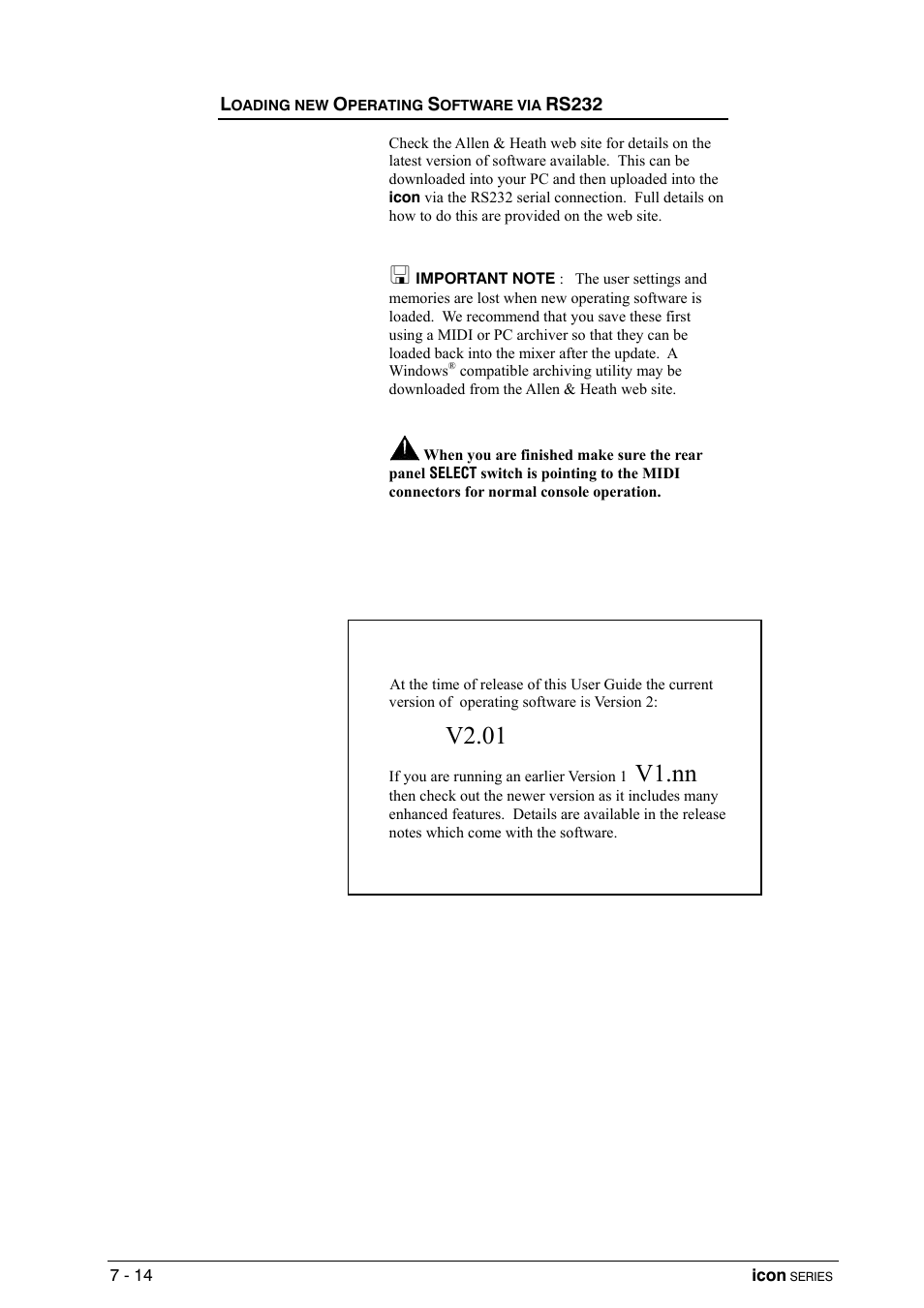 Loading new operating software via rs232, V2.01, V1.nn | Allen&Heath DP 1000 USER GUIDE User Manual | Page 58 / 67